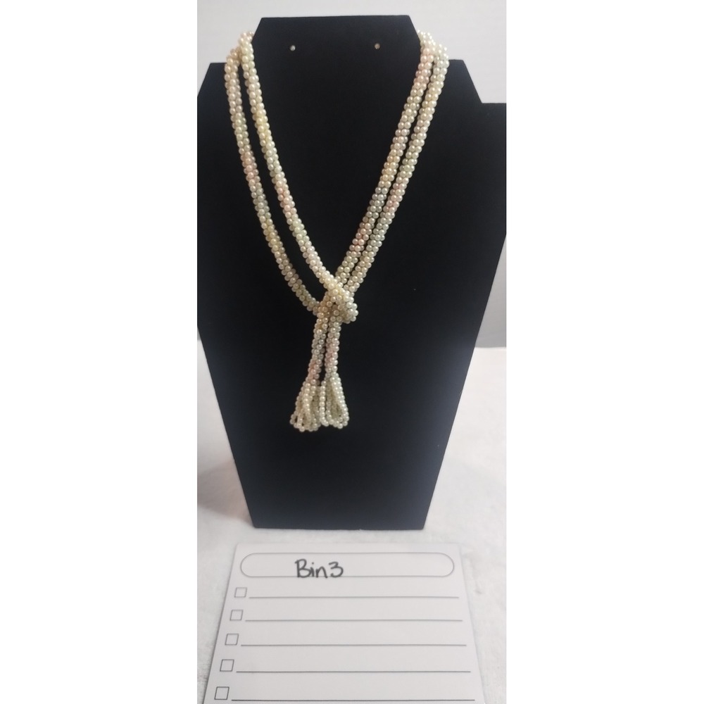Vintage Style Faux Pearl Lariat Necklace Pastel Multicolor Beaded Tassel Flapper
